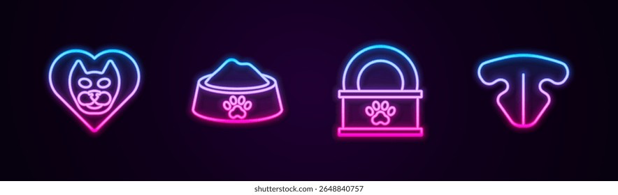 Set line Heart with cat, Pet food bowl, Canned and Cat nose. Glowing neon icon. Vector