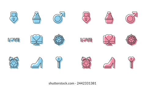 Set line Heart in the center alarm clock, Woman shoe with high heel, Castle shape of heart, Key, Computer monitor, darts target aim, Love text and  icon. Vector