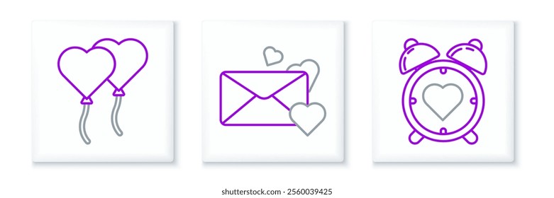 Set line Heart in the center alarm clock, Balloons form of heart and Envelope with icon. Vector