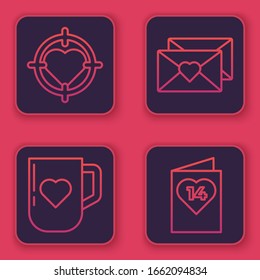 Set line Heart in the center of darts target aim, Coffee cup and heart, Envelope with Valentine heart and Valentines day flyer with heart. Blue square button. Vector
