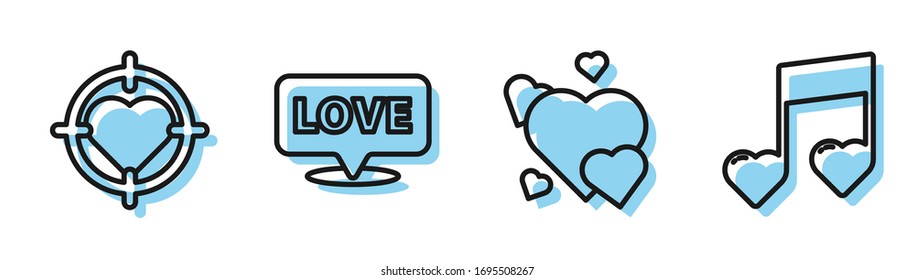 Set line Heart, Heart in the center of darts target aim, Speech bubble with text love and Music note, tone with hearts icon. Vector