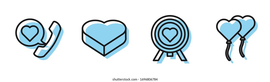 Set line Heart in the center of darts target aim, Telephone with heart speech bubble, Candy in heart shaped box and Balloons in form of heart icon. Vector