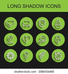 Set line Heart in the center of darts target aim, Female gender symbol, Candy heart shaped box, Gender, alarm clock, Broken or divorce, Castle and on hand icon. Vector