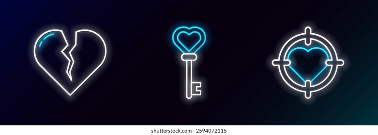 Set line Heart in the center of darts target aim, Broken heart or divorce and Key shape icon. Glowing neon. Vector