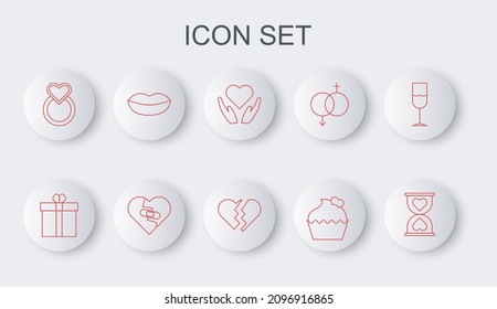 Set line Heart in the center hourglass, Gift box and heart, hand, Wedding cake with, rings, Smiling lips, Healed broken and Broken icon. Vector