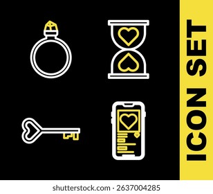 Set line Heart in the center hourglass, Mobile with heart, Key shape and Diamond engagement ring icon. Vector
