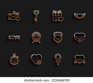 Set line Heart in the center stopwatch, Envelope with heart, Female gender symbol, and ribbon, of darts target aim, Candy shaped box and shield icon. Vector