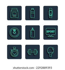 Set line Heart in the center stopwatch, Dumbbell, Racket and ball, Smartwatch, Punching bag, Weight plate, Sports nutrition and Location gym icon. Vector