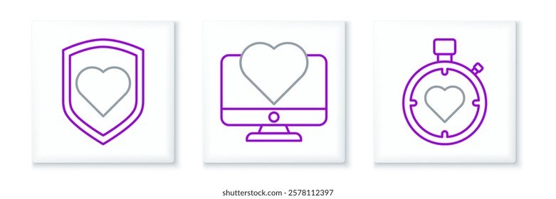 Set line Heart in the center stopwatch, with shield and Computer monitor heart icon. Vector