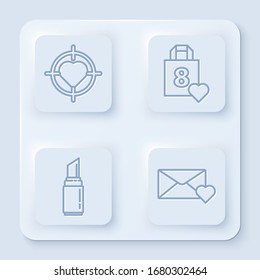Set line Heart in the center of target aim, Shopping bag with heart, Lipstick and Envelope with 8 March. White square button. Vector