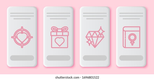 Set line Heart in the center of target aim, Gift box and heart, Diamond and Book about women. White rectangle button. Vector