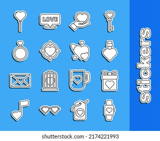 Set line Heart in the center wrist watch, Gift box with heart, Bottle love potion, hand, of darts target aim, Wedding rings, Balloons form and  icon. Vector