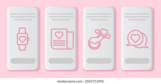 Set line Heart in the center wrist watch, Envelope with Valentine heart, Bottle with love potion and Heart in speech bubble. White rectangle button. Vector