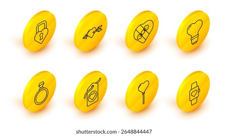 Set line Heart in the center wrist watch, Balloons form of heart, tag, Diamond engagement ring, shape light bulb, Candy shaped box, Amour with arrow and Castle icon. Vector