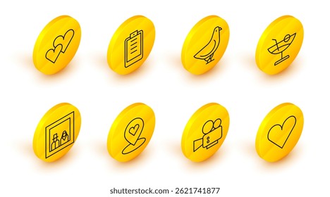 Set line Heart, Cinema camera, Location with heart, Family photo, Cocktail, Dove, Clipboard checklist and  icon. Vector