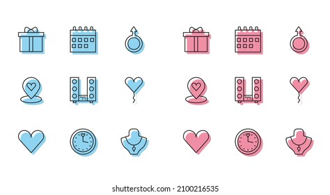 Set line Heart, Clock, Geschenkbox, Fußleiste auf Mannequin, Home Stereo mit zwei Lautsprechern, Ballon Form des Herzens, Position und Kalender Symbol. Vektorgrafik
