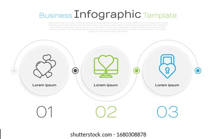 Set line Heart, Computer monitor with heart and Castle in the shape of a heart. Business infographic template. Vector