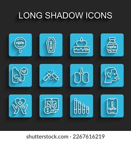 Set line Heart with cross, Disease lungs, No smoking, Smoking cigarette, Broken, Man coughing and Lungs icon. Vector