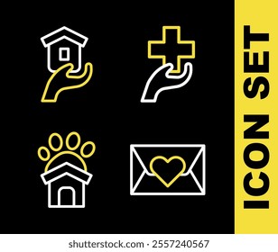 Set line Heart with cross, Envelope heart, Animal shelter house and Shelter for homeless icon. Vector