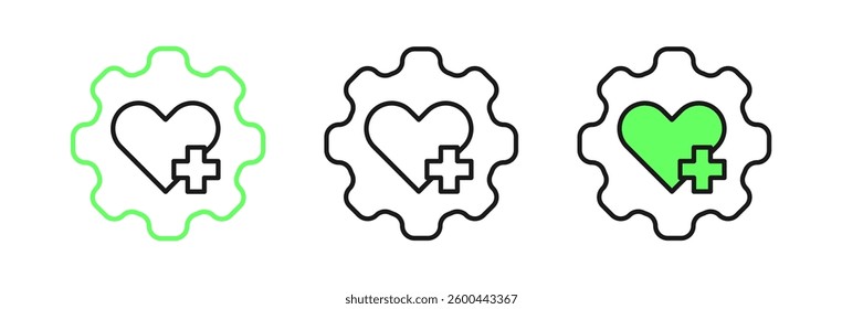 Set line Heart with a cross icon isolated on white background. First aid. Healthcare, medical and pharmacy sign.  Vector