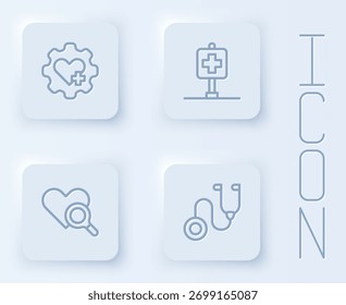 Set line Heart with cross, Location hospital, Medical heart inspection and Stethoscope. White square button. Vector