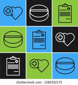 Set line Heart with a cross, Medical clipboard with clinical record and Medicine pill or tablet icon. Vector
