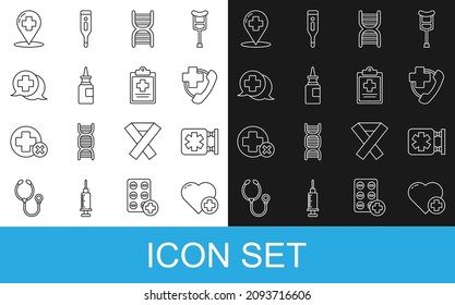 Set line Heart with a cross, Medical symbol of the Emergency, phone call to hospital, DNA, Bottle nasal spray, Dialogue doctor, Map pointer and clipboard clinical record icon. Vector