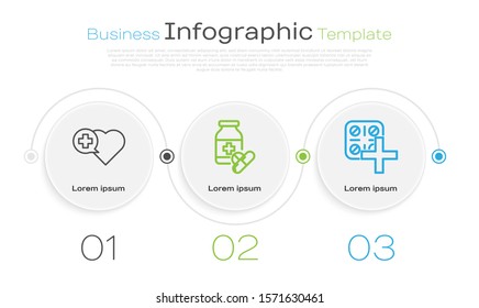 Set line Heart with a cross, Medicine bottle and pills and Pills in blister pack. Business infographic template. Vector