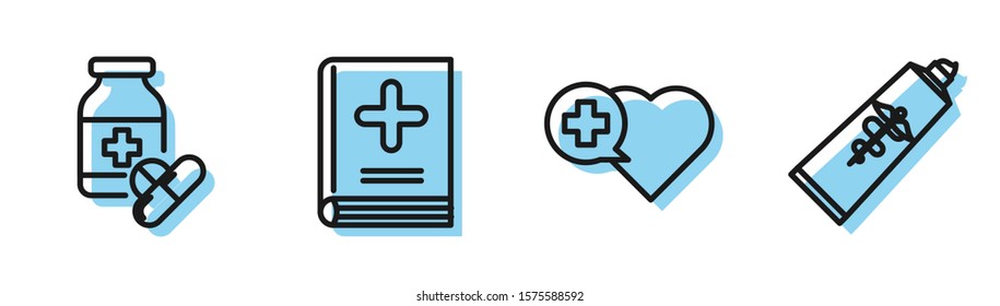 Set line Heart with a cross, Medicine bottle and pills, Medical book and Ointment cream tube medicine icon. Vector