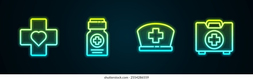 Set line Heart with a cross, Medicine bottle, Nurse hat and First aid kit. Glowing neon icon. Vector