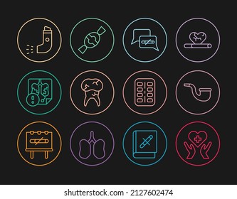 Set line Heart with cross, No pipe smoking, Tooth caries, Disease lungs, Inhaler, Nicotine gum blister pack and Candy icon. Vector