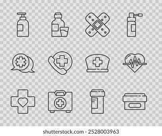 Set line Heart with a cross, Ointment cream tube medicine, Crossed bandage plaster, First aid kit, Hand sanitizer bottle, Emergency phone call to hospital, Medicine and rate icon. Vector