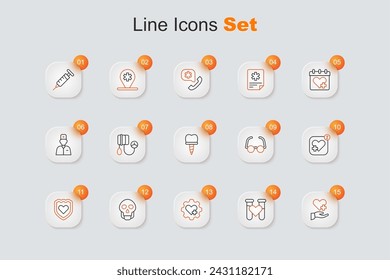 Corazón con cruz, sangre del tubo de ensayo, cráneo, sistema inmunológico, ritmo cardíaco móvil, gafas e icono de implante dental. Vector