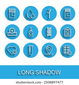 Set line Heart with a cross, Test tube and flask, Medicine bottle, Map pointer hospital, Pills blister pack, Bottle nasal spray, Medical clipboard clinical record and DNA symbol icon. Vector