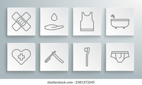 Set line Heart with a cross, Washing hands soap, Straight razor, Toothbrush, Underwear, Sleeveless T-shirt, Bathtub and Crossed bandage plaster icon. Vector