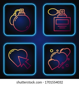 Establecer línea de clic Corazón, Corazón y cursor, Perfume y Perfume. Iconos de color degradado. Vector