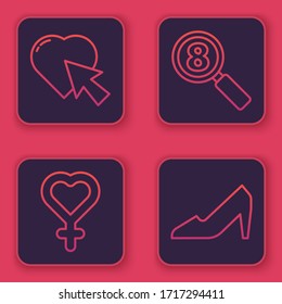 Set line Heart and cursor click, Female gender symbol, Search 8 March and Woman shoe. Blue square button. Vector