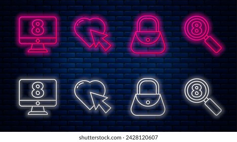 Set line Heart and cursor click, Handbag, 8 March on monitore and Search 8 March. Glowing neon icon on brick wall. Vector