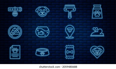 Set line Heart with dog, Clockwork mouse, Hair brush for and cat, Aquarium fish, No shit, Collar name tag, Cat nose and Dog icon. Vector