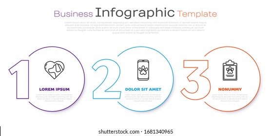 Set line Heart with dog, Online veterinary clinic symbol and Clipboard with medical clinical record pet. Business infographic template. Vector