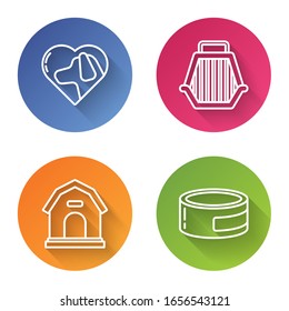 Set line Heart with dog, Pet carry case, Dog house and Canned food. Color circle button. Vector