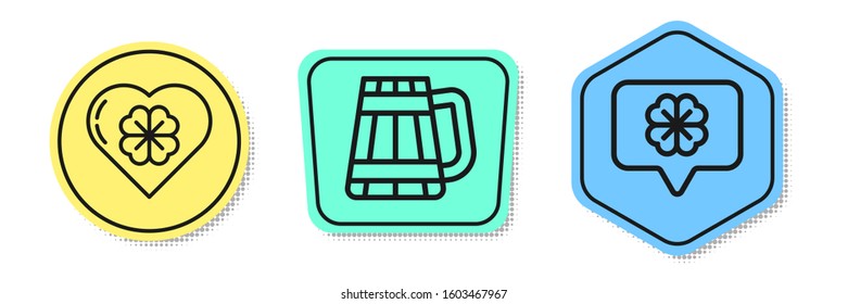 Set line Heart with four leaf clover, Wooden beer mug and Four leaf clover in speech bubble. Colored shapes. Vector