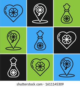 Set line Heart with four leaf clover, Money bag with four leaf clover and Location and four leaf clover icon. Vector