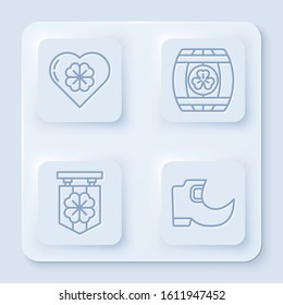Set line Heart with four leaf clover, Wooden barrel with four leaf clover, Street signboard with four leaf clover and Tradition leprechaun boots. White square button. Vector