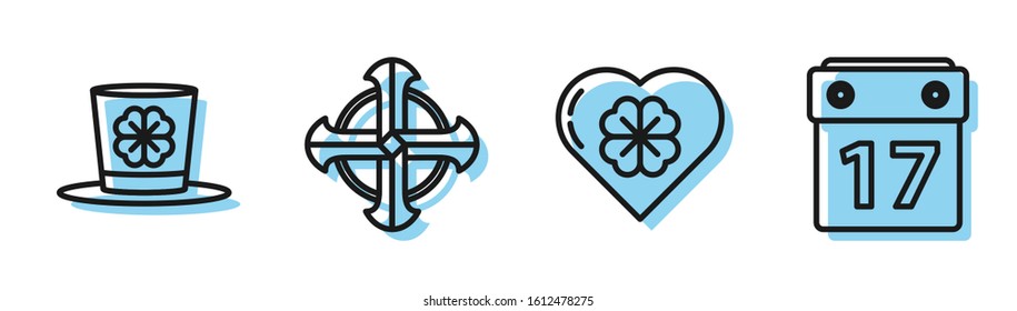 Set line Heart with four leaf clover, Leprechaun hat and four leaf clover, Celtic cross and Saint Patrick's day with calendar icon. Vector