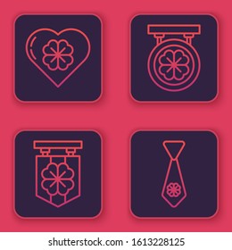 Set line Heart with four leaf clover, Street signboard with four leaf clover, Street signboard with four leaf clover and Tie with four leaf clover. Blue square button. Vector