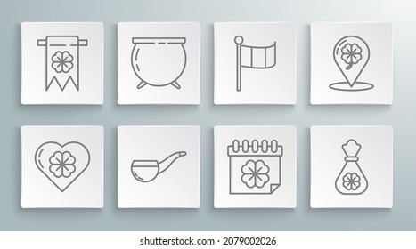 Set line Heart with four leaf clover, Witch cauldron, Smoking pipe, Saint Patricks day calendar, Money bag, National Ireland flag, Location and Four party pennant icon. Vector