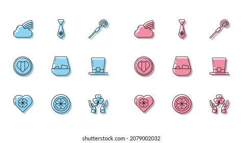 Set Line Heart With Four Leaf Clover, Gold Coin, Rainbow Cloud, Human Hands Holding, Glass Of Whiskey, Leprechaun Hat, Happy Saint Patrick Day And Tie Icon. Vector