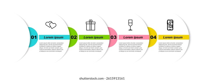 Set line Heart, Gift box and heart, Wine glass and Mobile with. Business infographic template. Vector