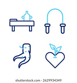 Definir linha Coração, Ginger raiz, Saltar corda e Massagem mesa com ícone de óleo. Vetor